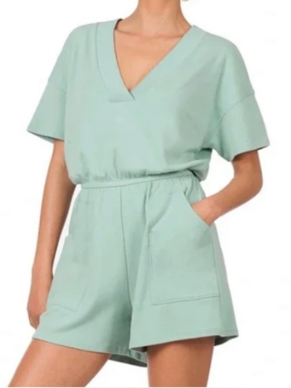 Super Cute Short Sleeve V-Neck Zenana Romper With Pockets